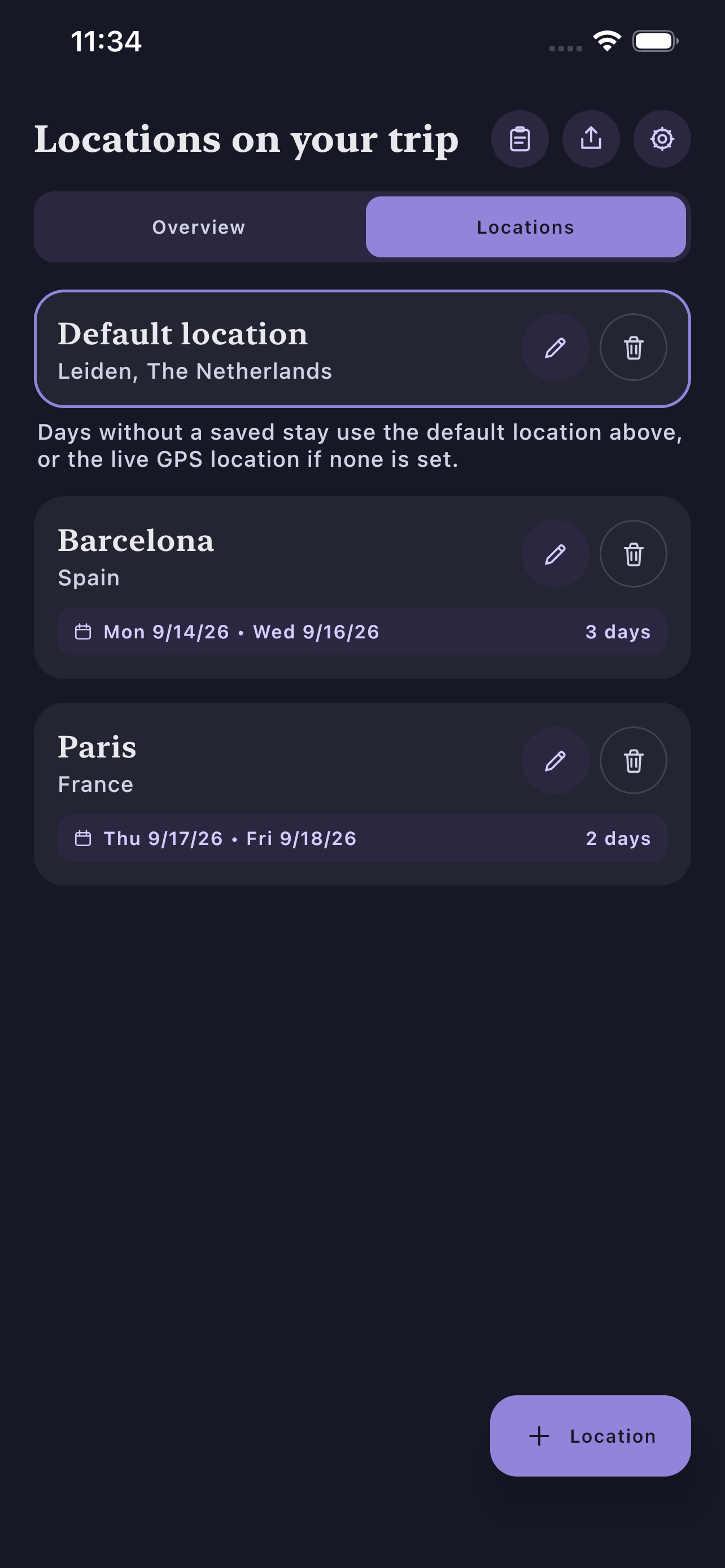 Travel Weather - locations (dark mode)