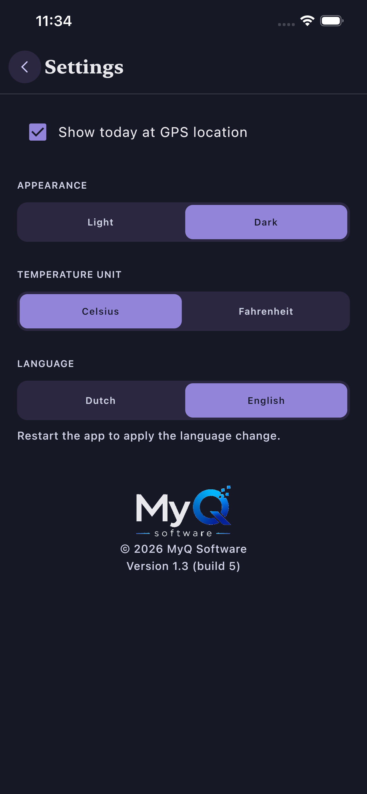 Travel Weather - settings (dark mode)